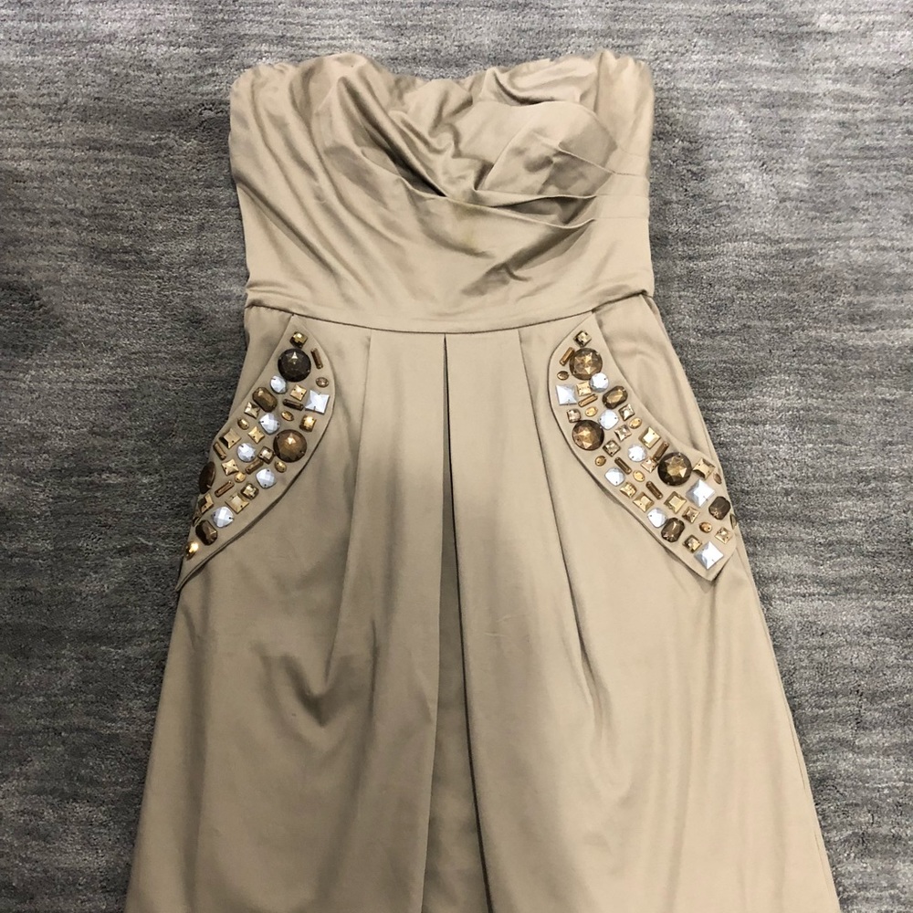 Taupe Strapless Dress with Rhinestone Detail